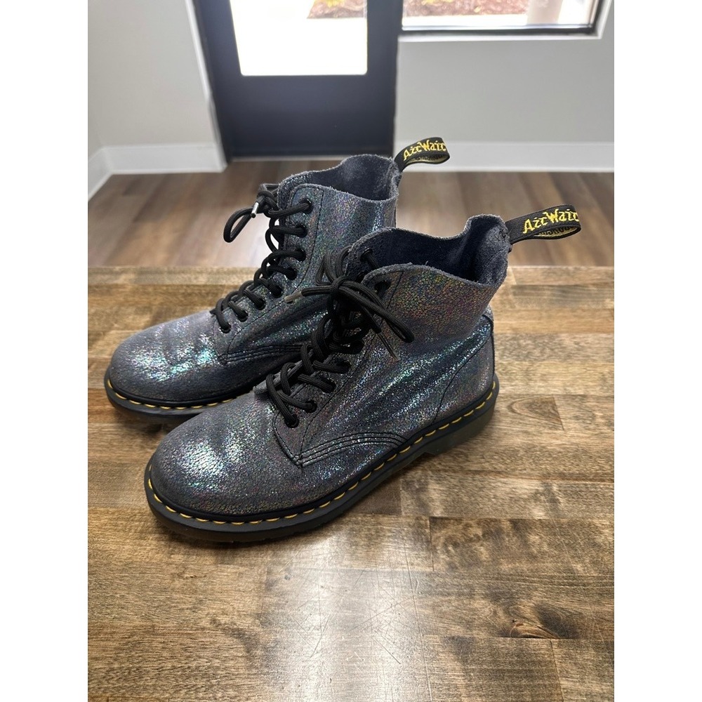 Dr. Martens Pascal Iridescent Crackle Boots Silver Holographic 8-Eye Size 9